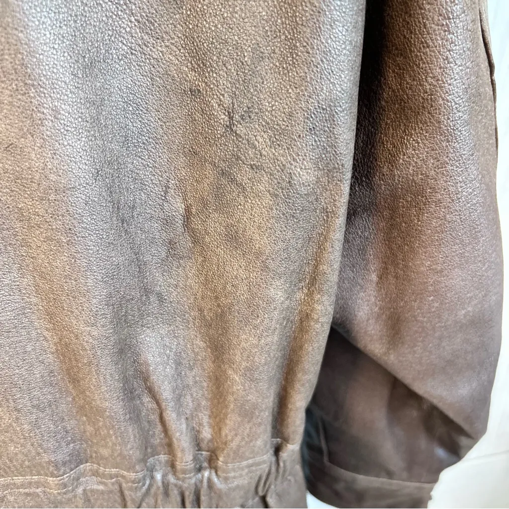 Vintage Coat Women Large Brown Leather Utility Chore Hood Patch Pocket western - Image 9