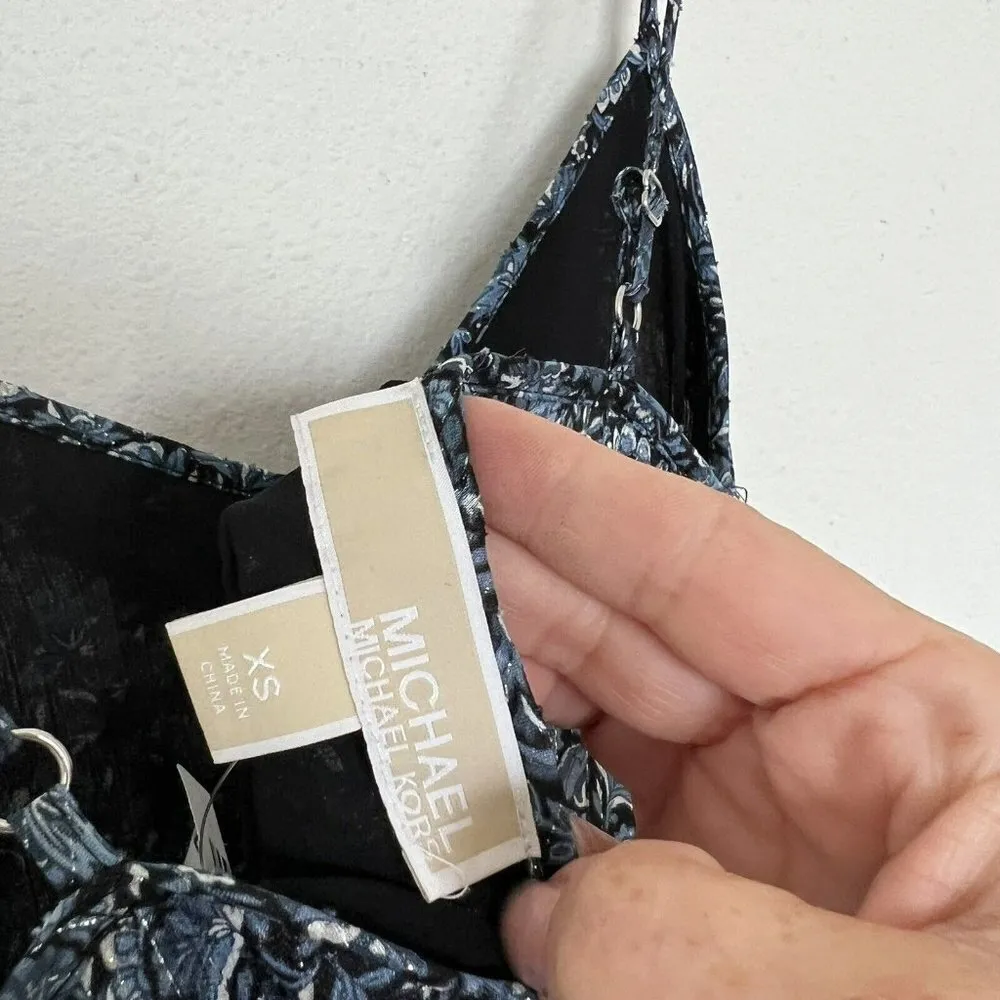 MICHAEL KORS Bohemian floral RUFFLES Midi DRESS XSMALL blue Strappy NEW - Image 14