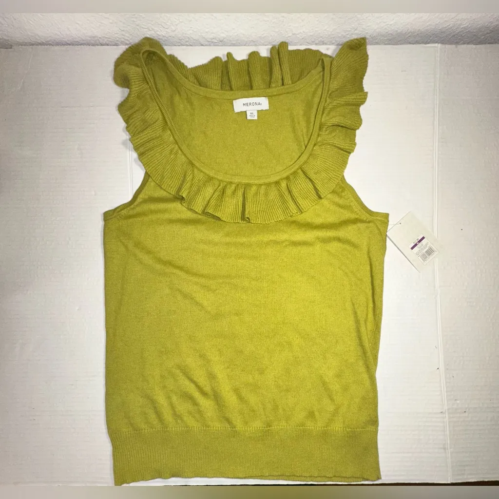 Merona Tank Top Women’s Size XL Lime Green Ruffled Sleeveless Cotton Blend New‎ - Image 3
