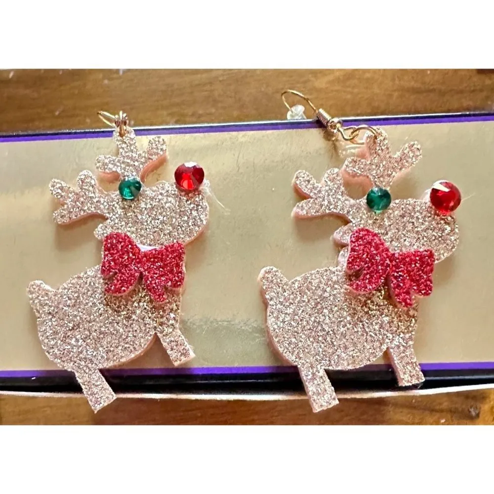 Rudolph Reindeer Earrings Handmade Christmas Whimsical Hooks Glitter Acc… - Image 3