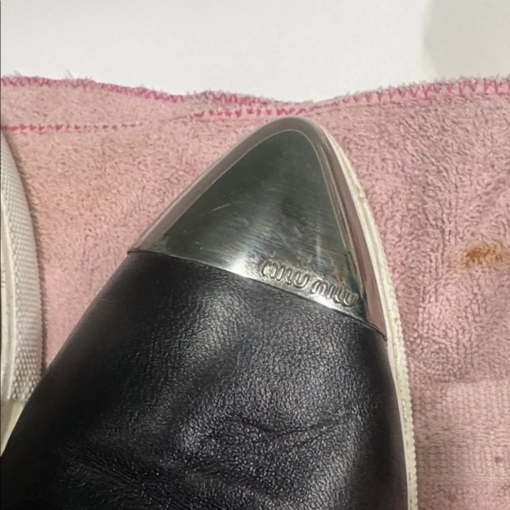 Miu Miu Black and Silver Slip-On Loafers - Image 5