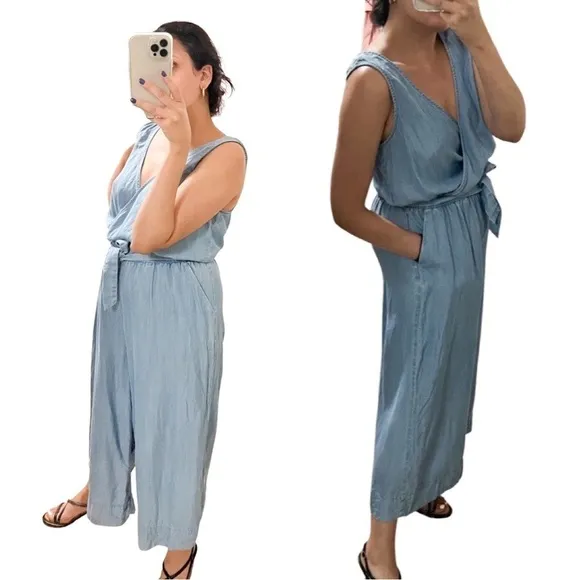 WHO WHAT WEAR Chambray Sleeveless V-neck Jumpsuit Sz M - Image 2