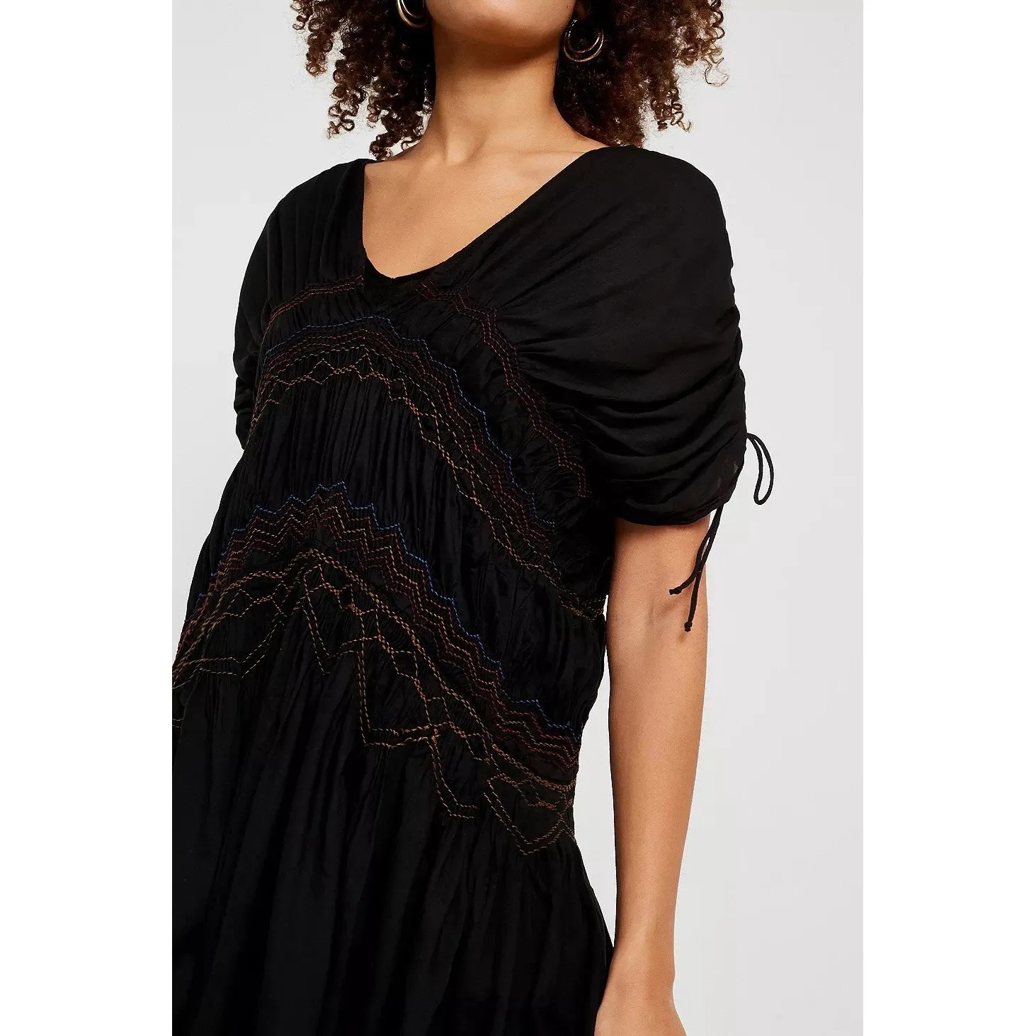 Free People Black Rainbow Smocked Boho Mini Dress S Ruched‎ Embroidered NWT - Image 3