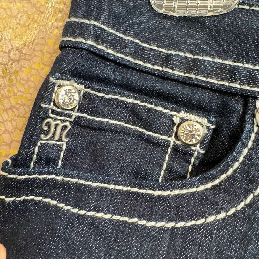 Miss Me Dark Blue Rhinestone Cross Pocket Denim Boot Cut Jeans 32 Altered - Image 3