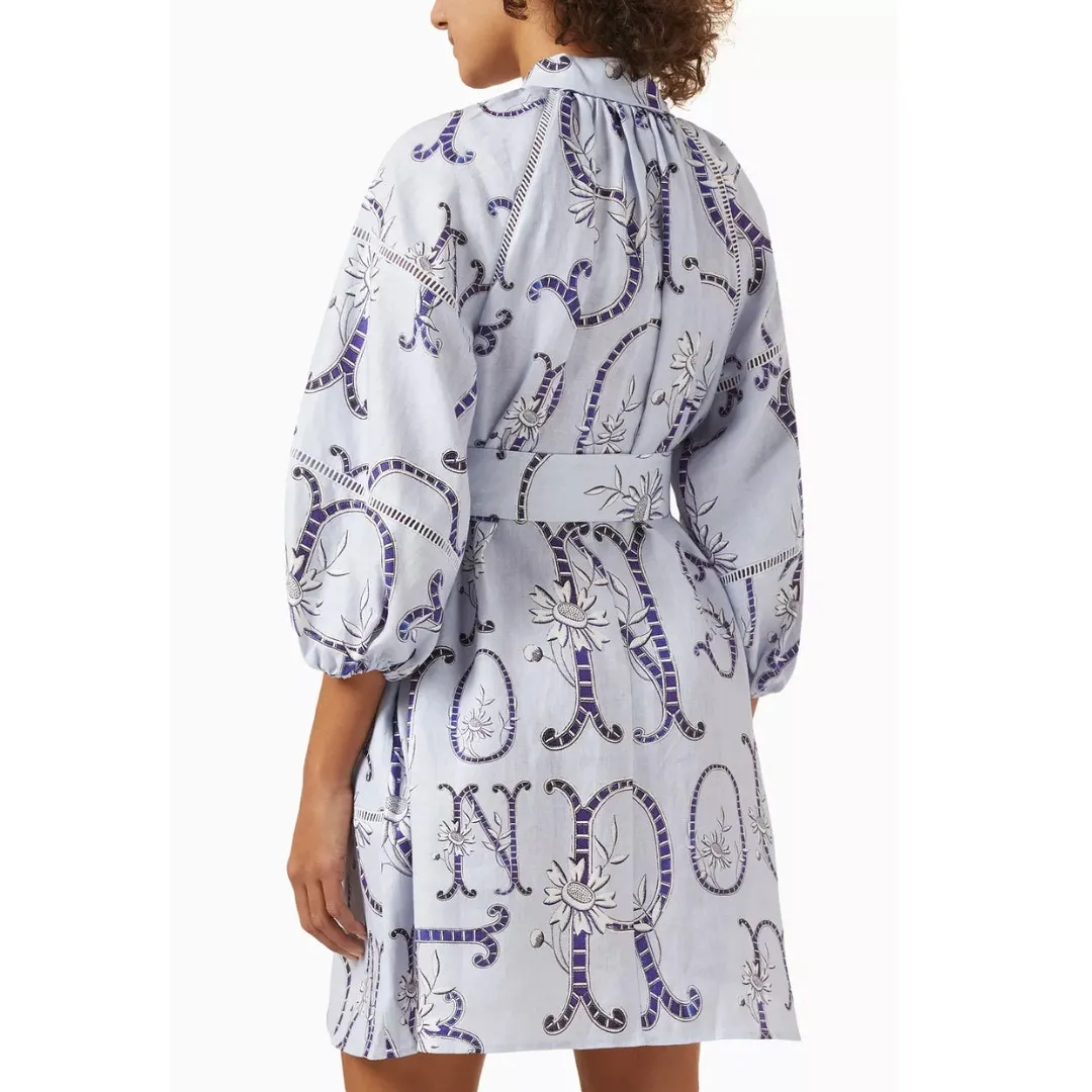 Oroton Dress Linen Lace Flower Smock Blue Floral Print‎ Tie Neck Mini Dress 8 - Image 8