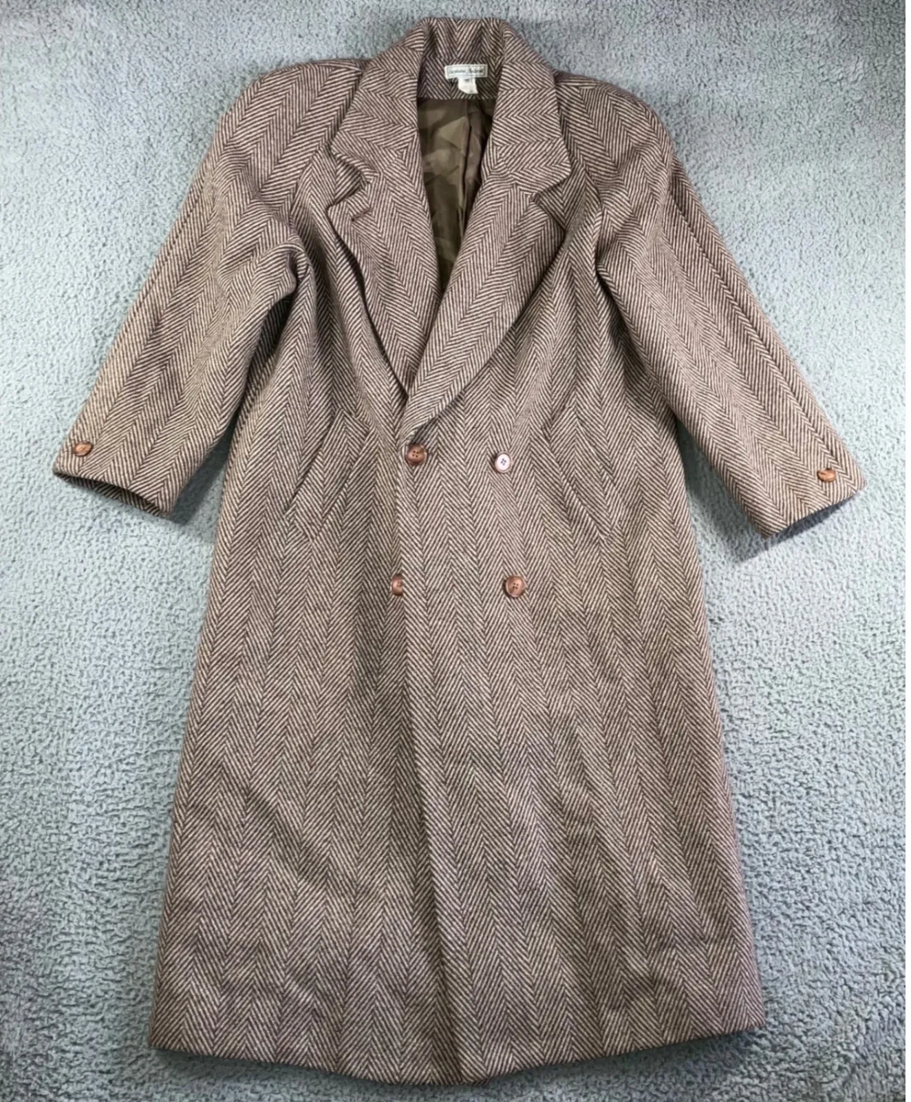 Vintage Herringbone Double Breasted Full Length 100% Wool OverCoat Women 10 Brown - Image 1