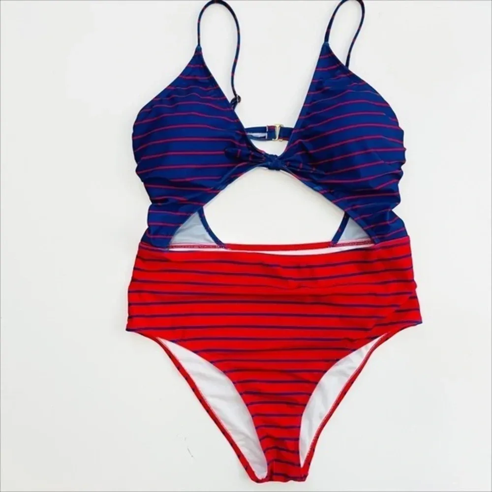 HOT WATER Fiesta Red & French Blue‎ Stripe High-Waist Monokini XL - Image 5