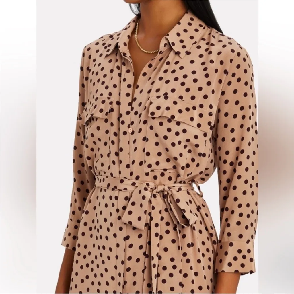 L'AGENCE Cameron belted polka-dot silk crepe maxi shirt dress tan brown L - Image 2