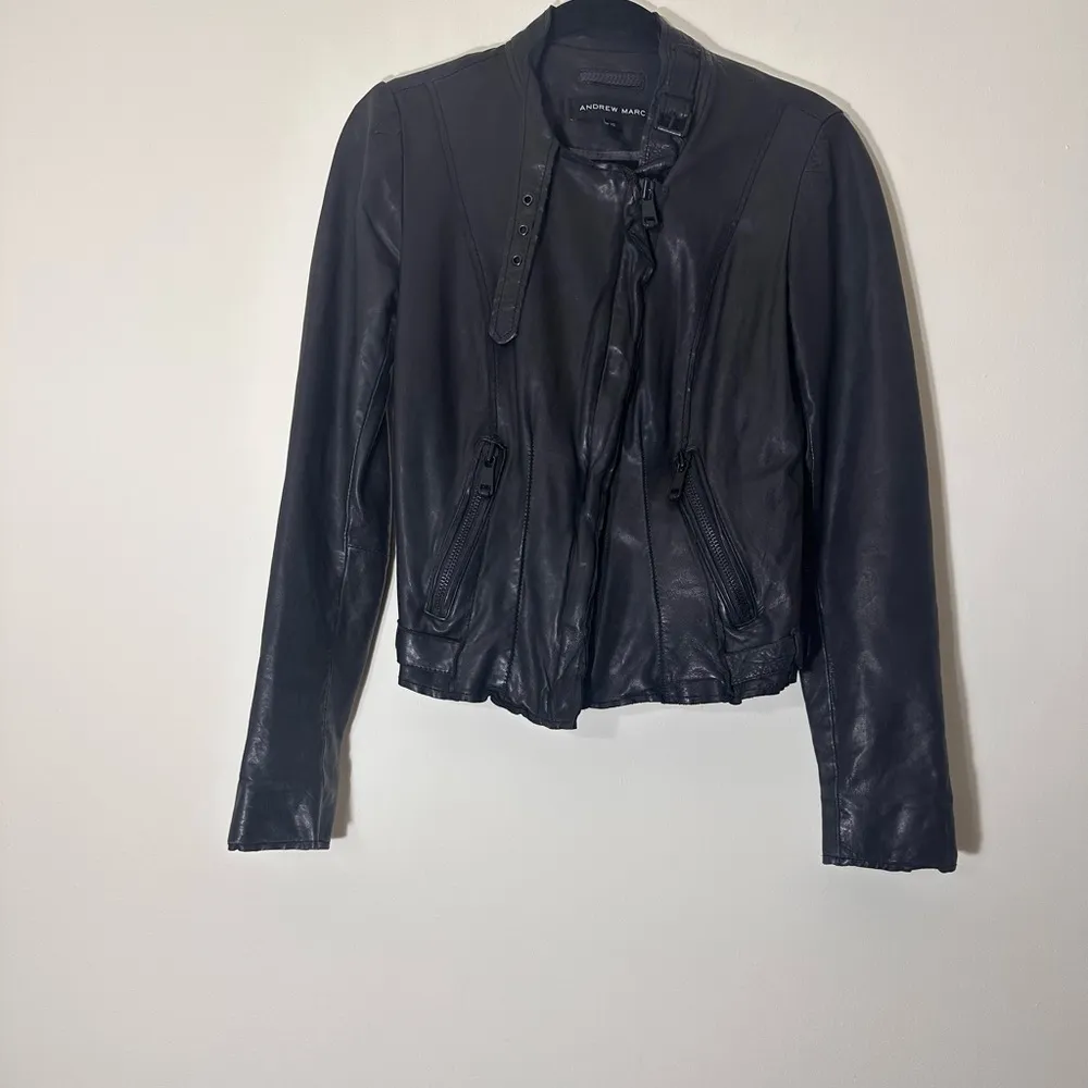 Andrew Marc Lamb skin Leather butterfly lining moto jacket black size XS - Image 5