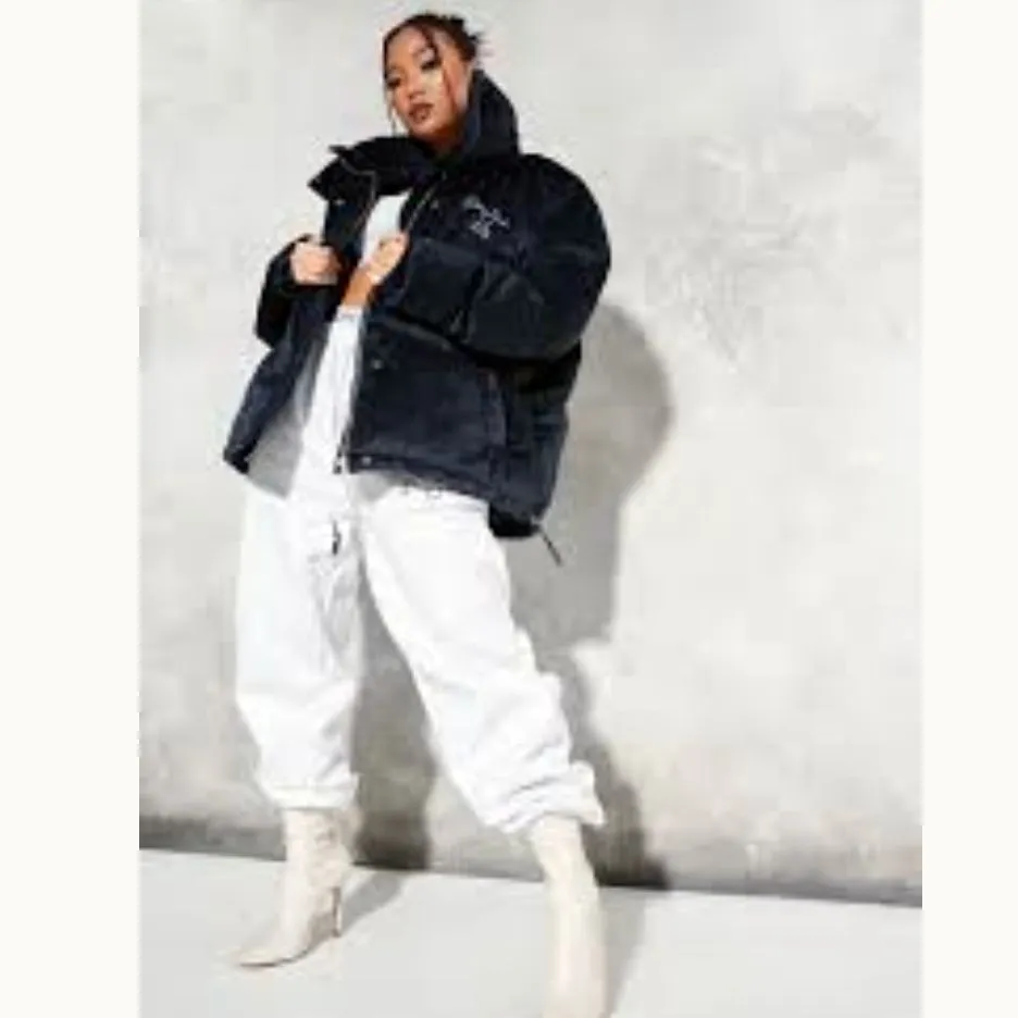 Sean John X Missguided Puffer Jacket Womens 2 US Navy Blue Velour Oversized Y2K - Image 6