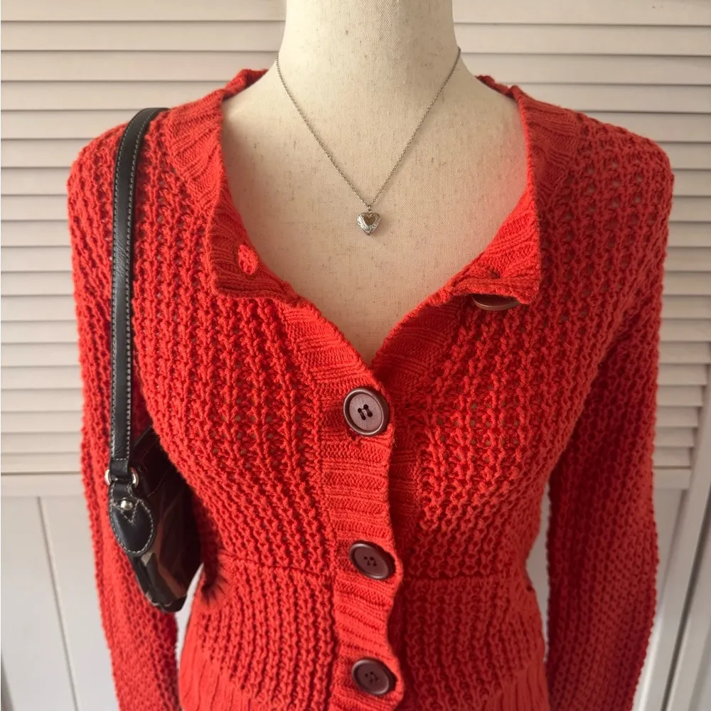 Moda International Orange Knitted Buttoned Cardigan Sweater Size XS - Image 3