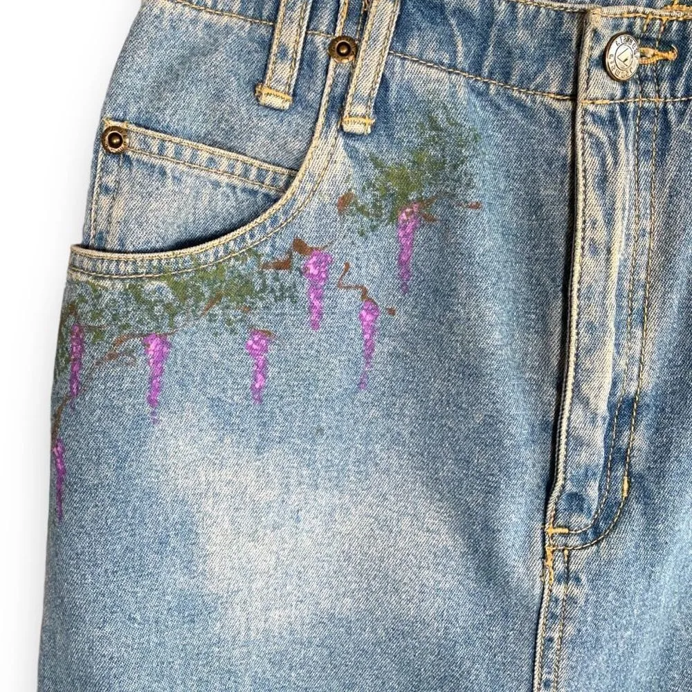 Vintage Handpainted Skirt Medium Wash Denim Mini Floral Garden Vineyard OOAK Blue Size 6 - Image 4