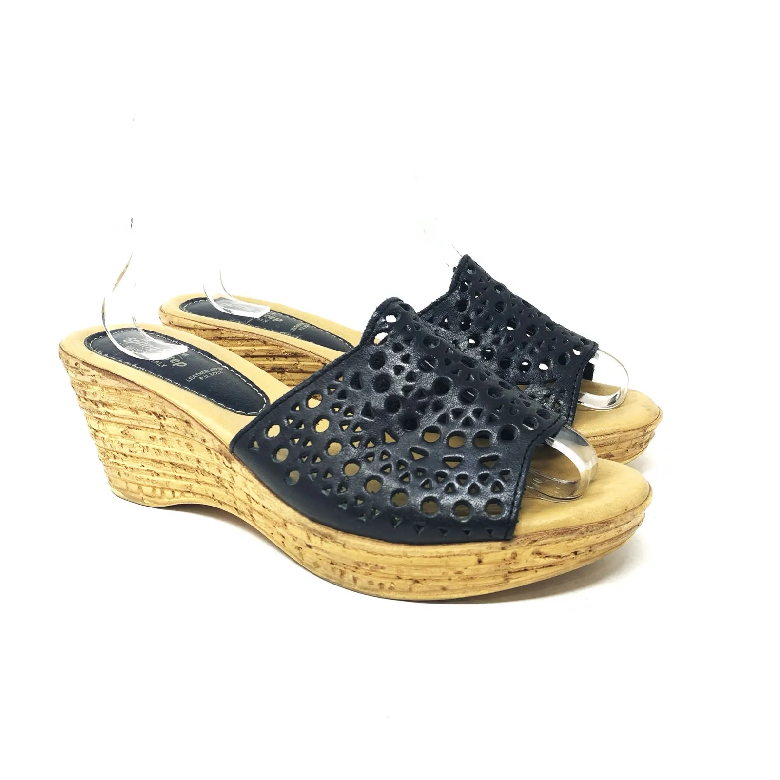Spring Step Martha Laser Cut Out Slide Wedge Heel Black Leather Sandal Size 40 - Image 1