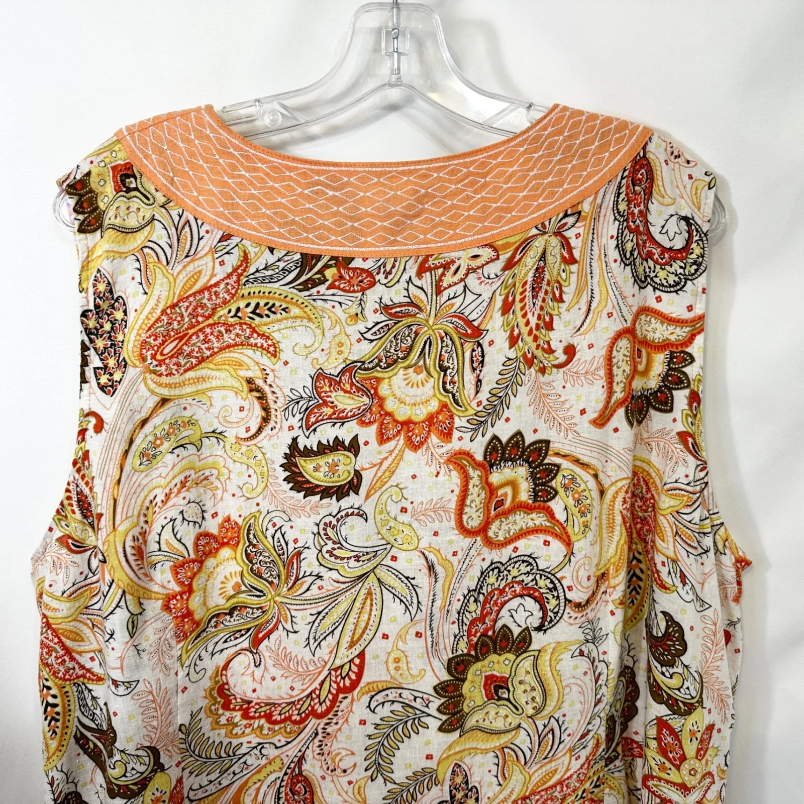 Susan Bristol Plus Size 2X Top Linen Paisley Embroidered Tunic Peach Boho 1768 - Image 6