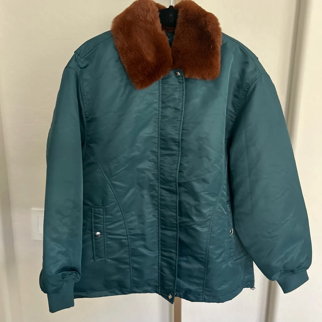 Anthropologie Blank‎ NYC Faux Fur Collar Bomber Jacket Teal Full Zip Small NWT - Image 4