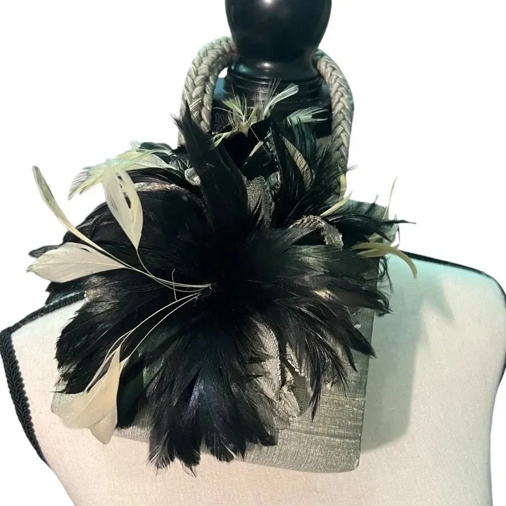 Mother Plucker silk real feathers oil slick coquette mini bag purse 20’s whimsy Silver - Image 3