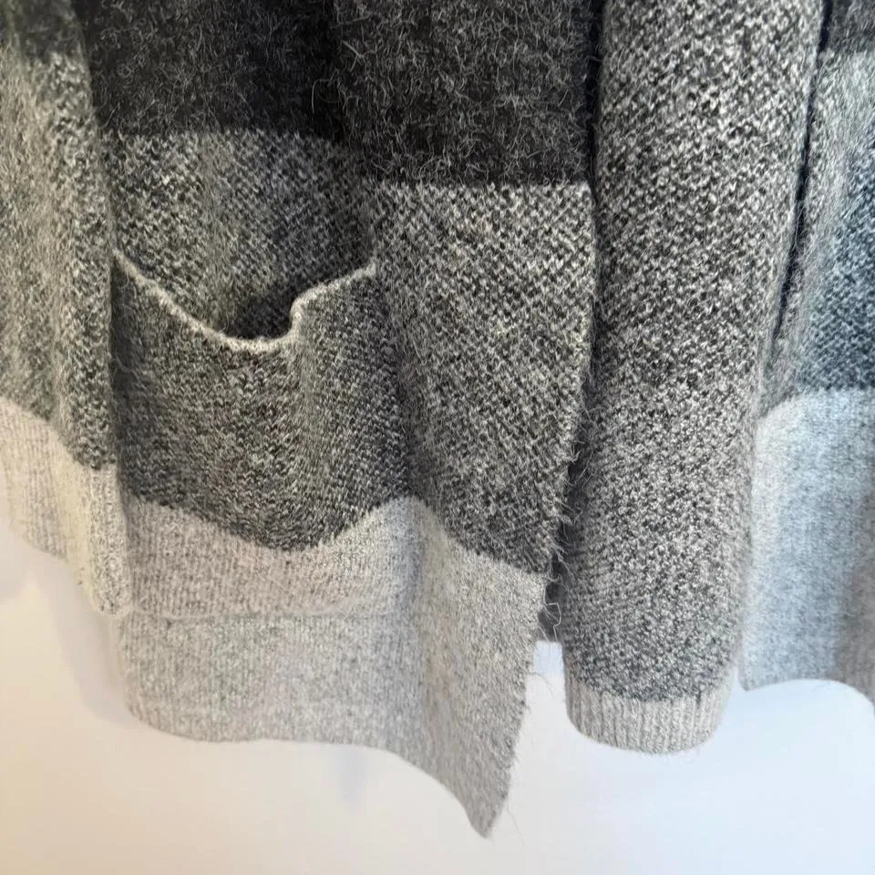 CYRUS Women's Striped Hooded Cardigan Sweater XS Black Grey Open Front Pockets - Image 3