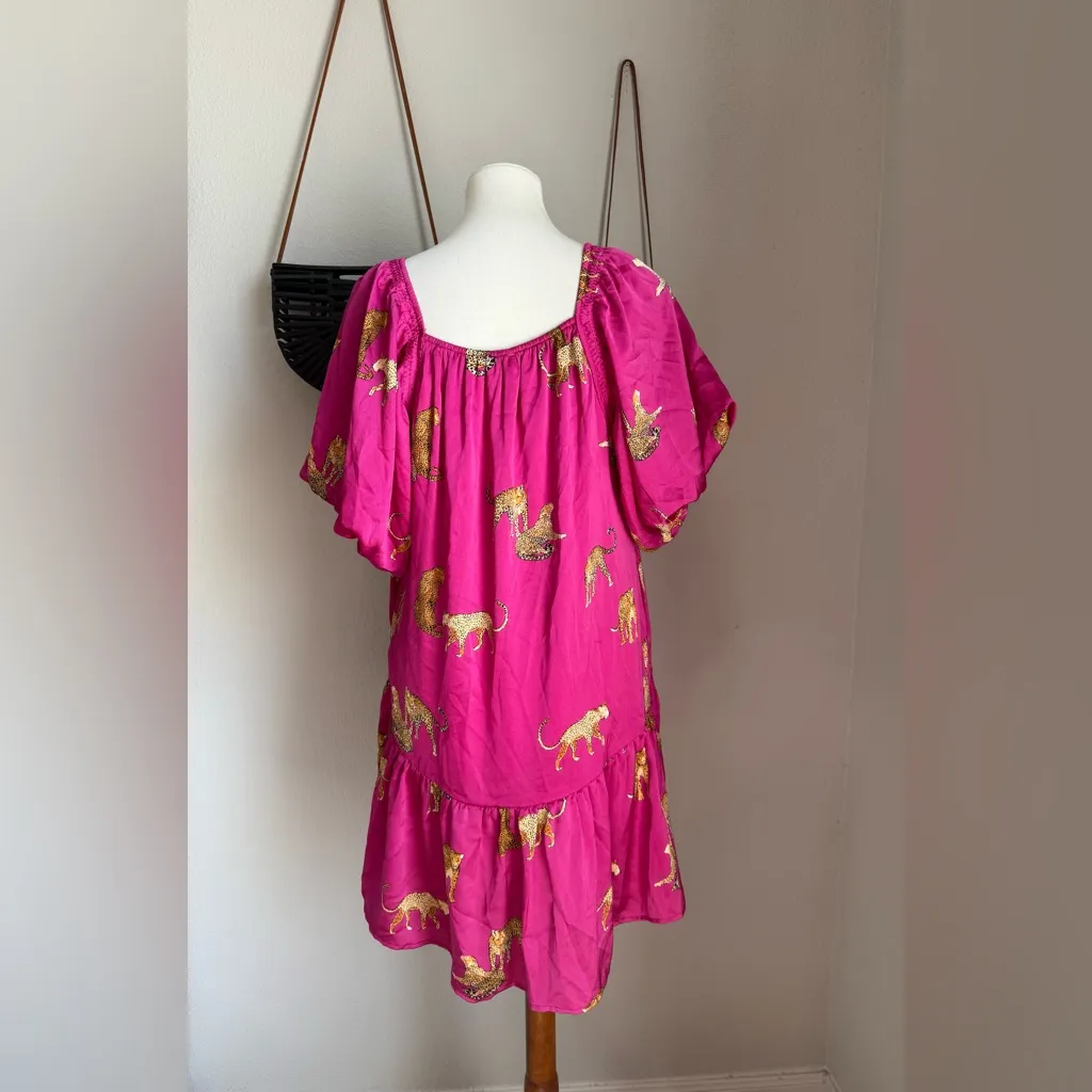 Entro Fuchsia & Gold Leopard Puff Sleeve Drop Waist Dress, Size Large - Image 2