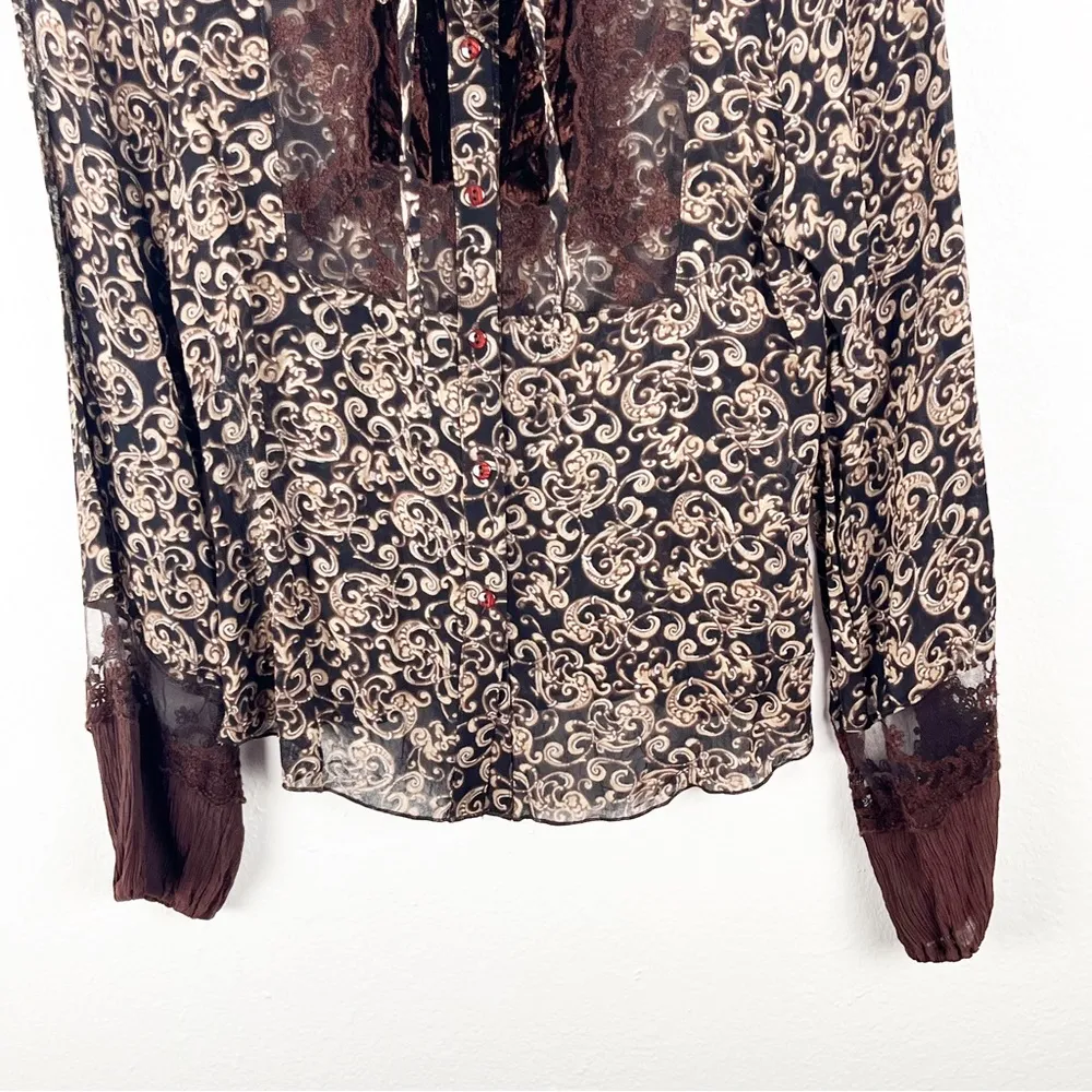 SANDRO Baroque Brown Paisley Print Sheer Lace Trim Bohemian Blouse, Size Small - Image 8