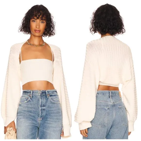 LPA Magdala Long Sleeve Cropped Rib Knit Shrug Sweater Cream Women's Size Small - Image 2