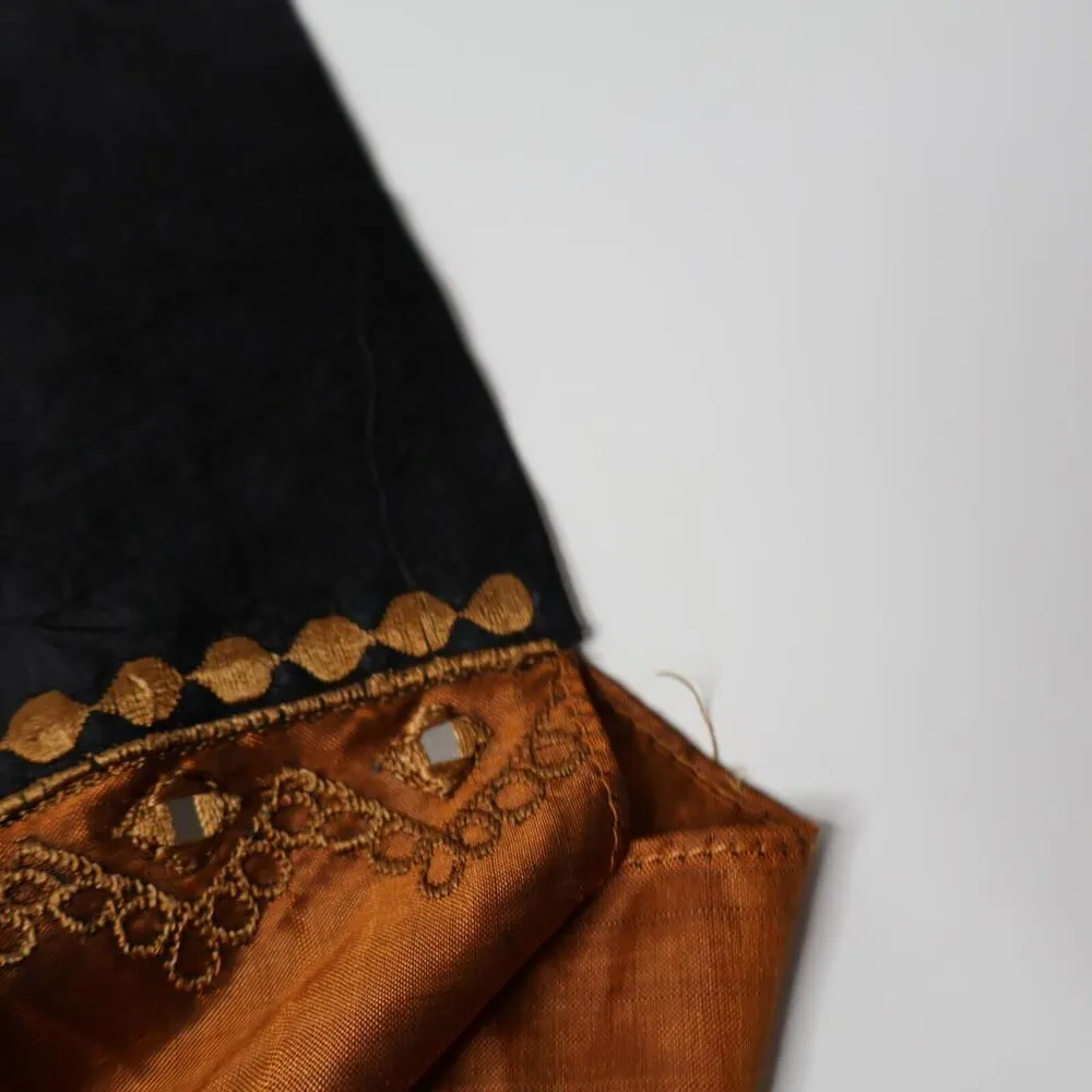 CRC 100% Silk Orange & Black Color Block Scarf Mirror Work Bohemian India Made - Image 8