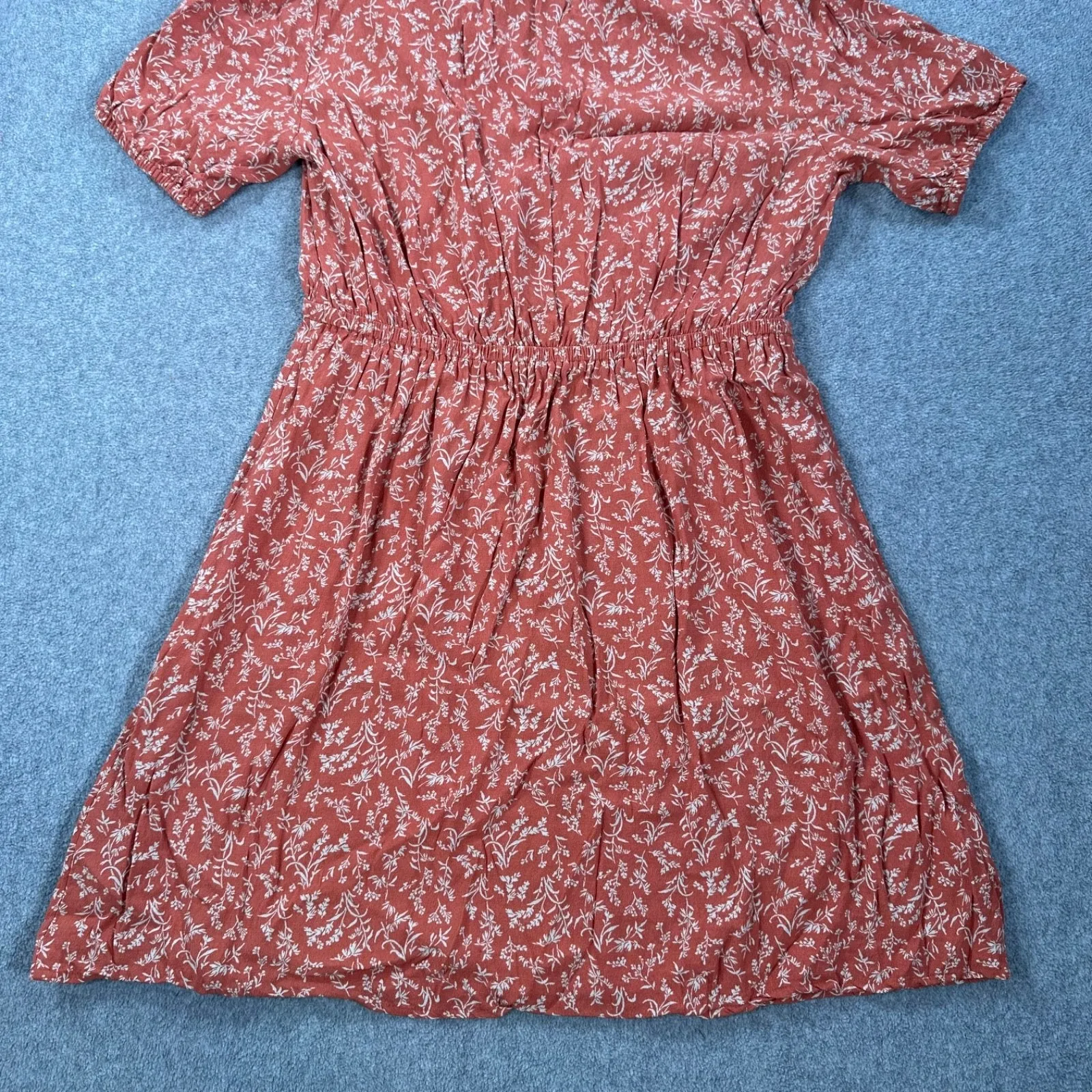 Loft Outlet Gathered Waist Short Sleeve Dress Womens Petite Medium Orange V-Neck - Image 9