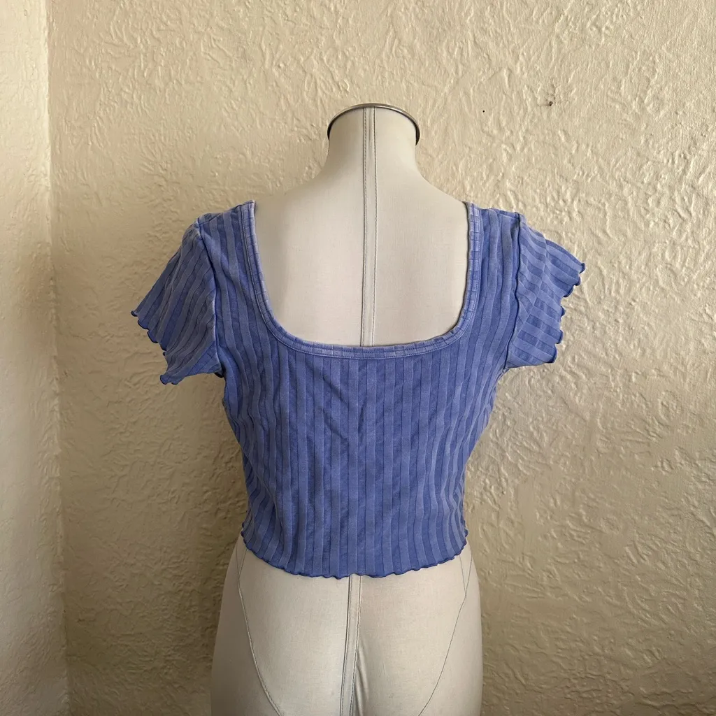 Aerie Offline Light Blue Ribbed Lettuce Hem Square Neck Crop Top T-Shirt XL - Image 5