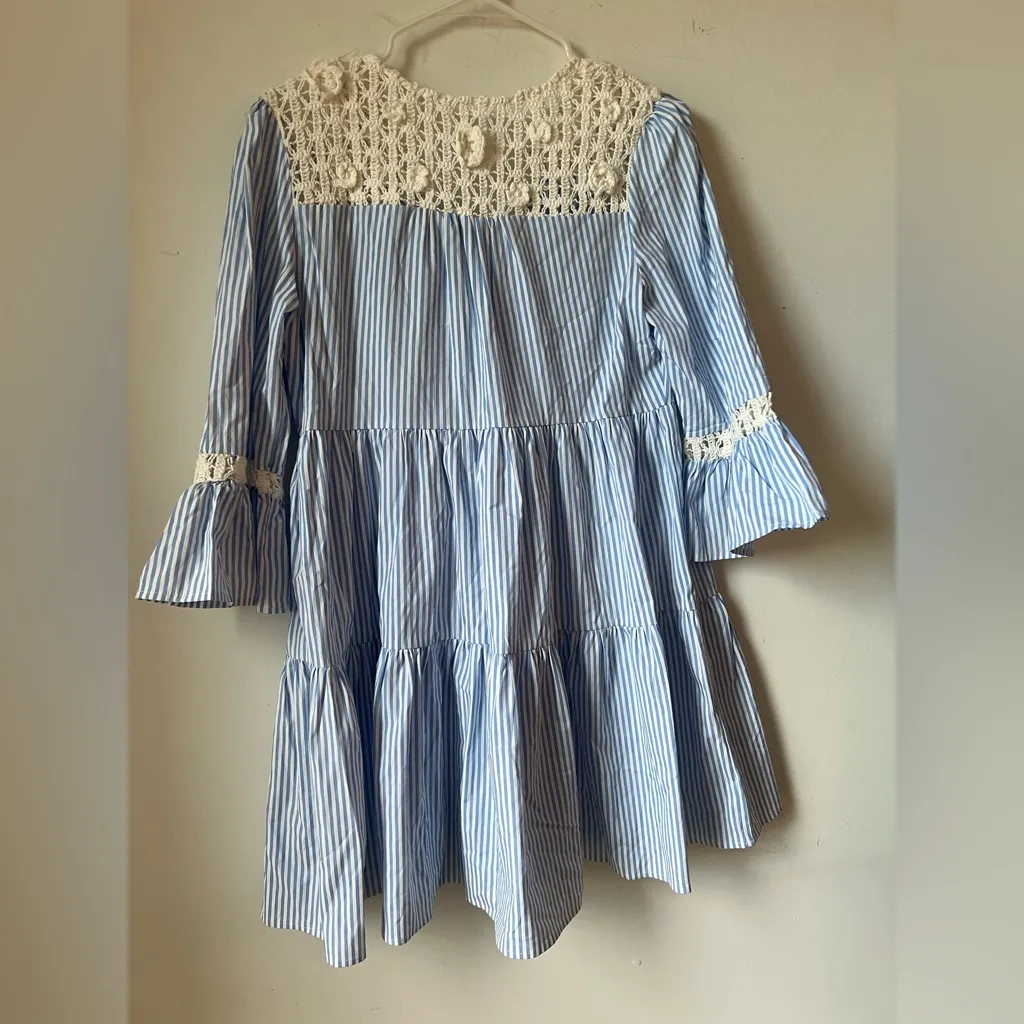 AQUA Blue White Stripe Crochet Lace Boho Tiered Dress Tassel Tie Size M - Image 4
