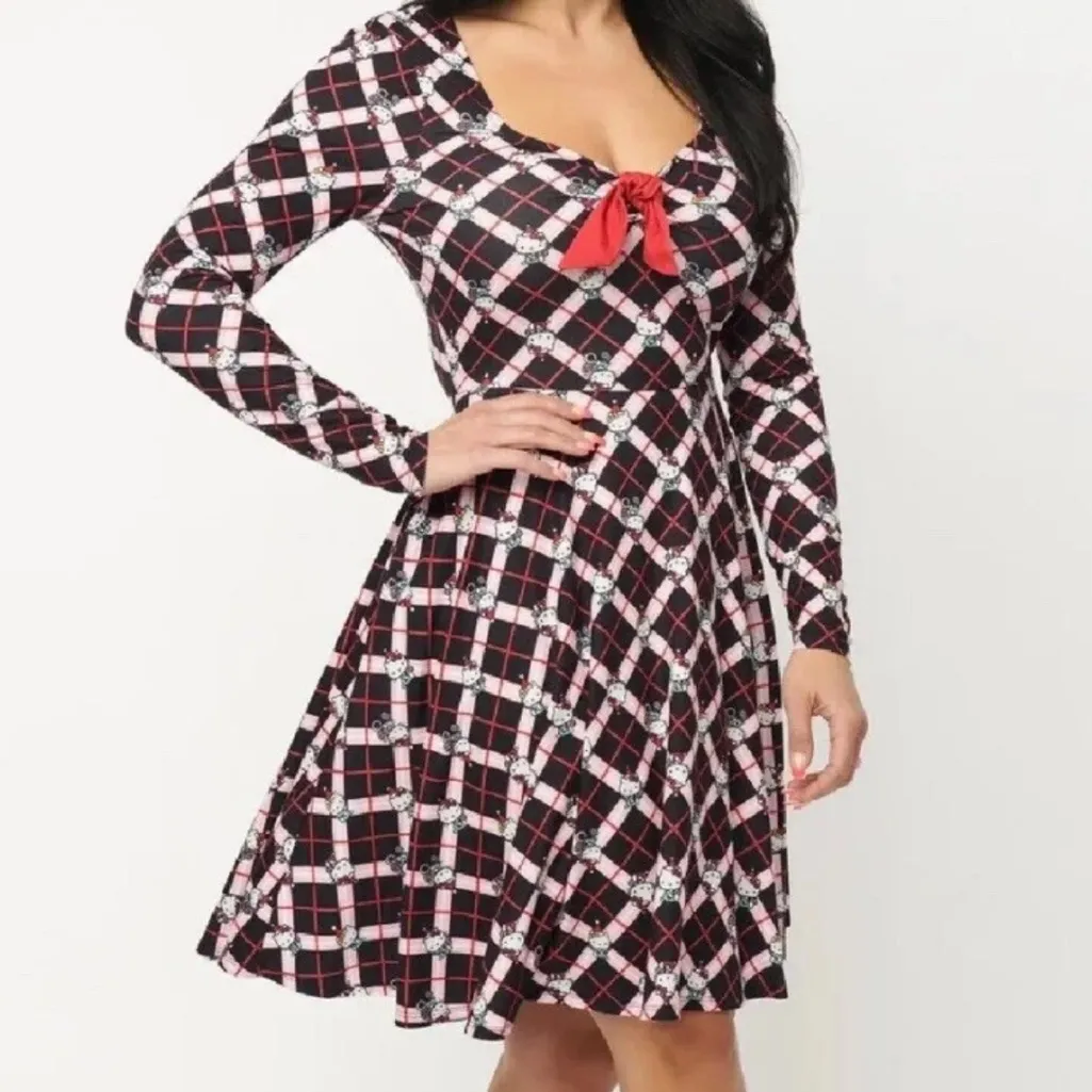 Hello Kitty x Unique Vintage Holiday Plaid Flare Tie Dress - Image 7