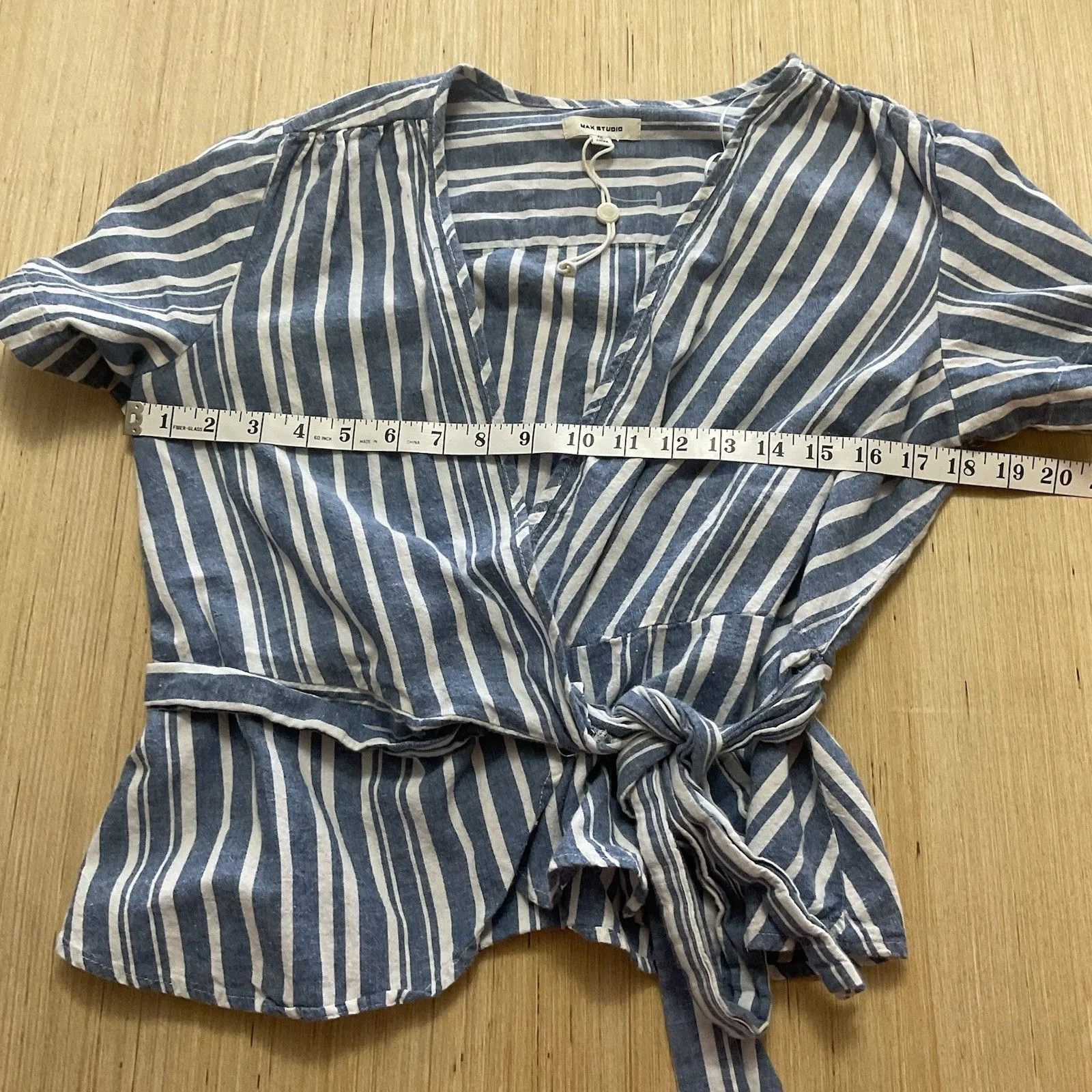 Max Studio Womens Medium Peplum Wrap Top Blue Ivory Stripe Side Tie Linen V Neck - Image 4