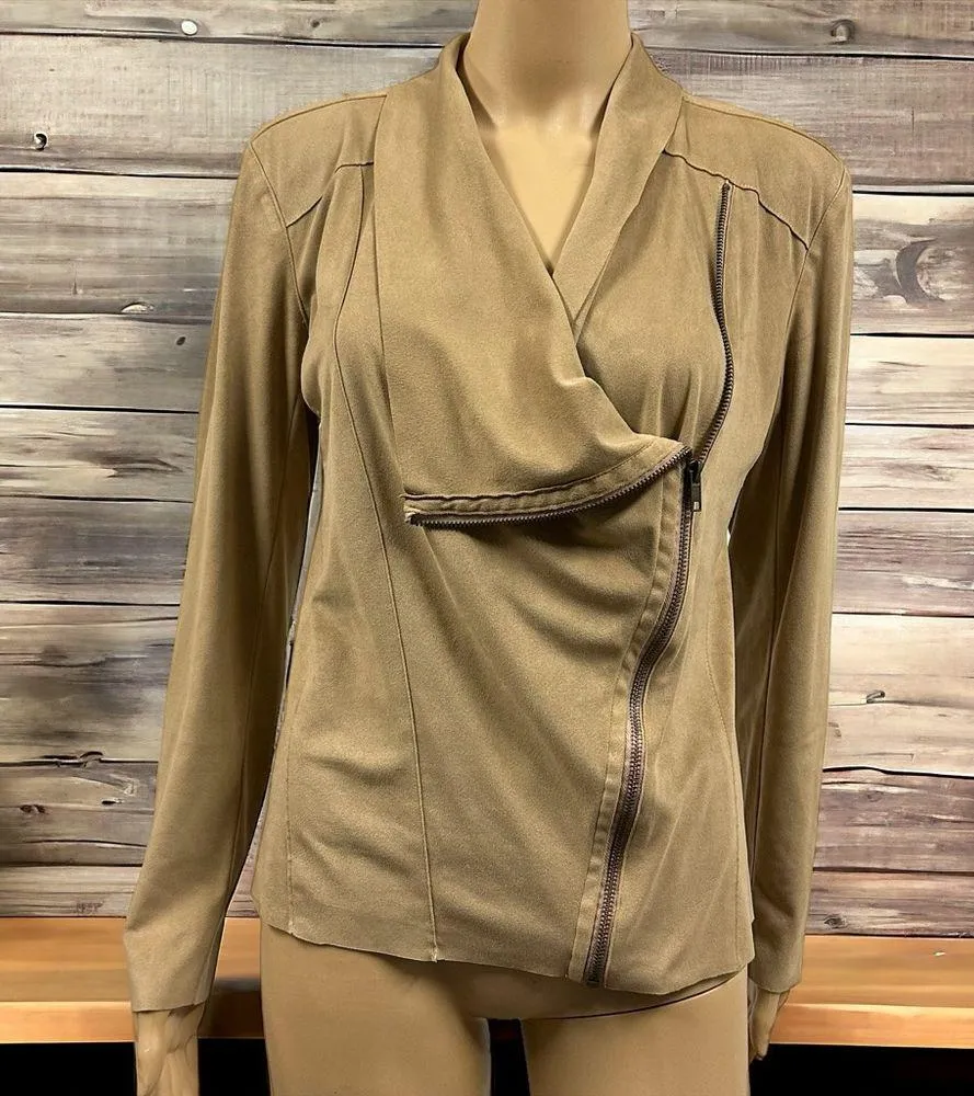 Mote Camel Buttery Faux Suede Zip Up Drape Lightweight Jacket Womens Small Tan - Image 2