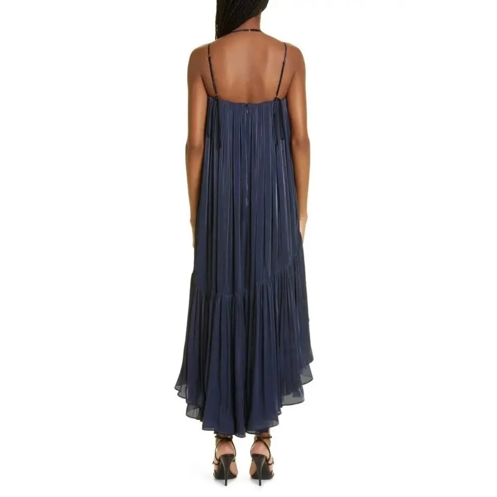 CINQ A SEPT Soleil Ruffle Trapeze Hi Low Midi Dress Navy Womens Size 4 - Image 5