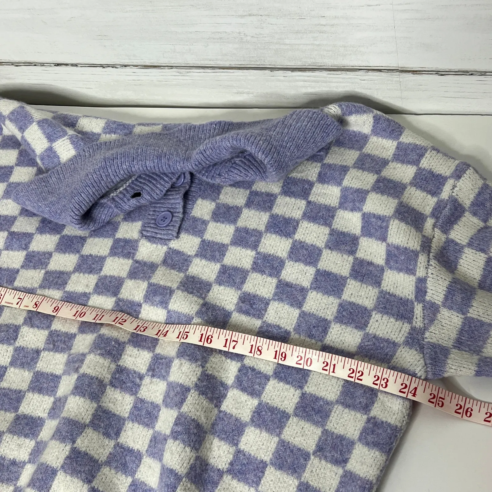 Bibi Purple Checker Knit Pullover Sweater Size Medium Oversized Collared - Image 5