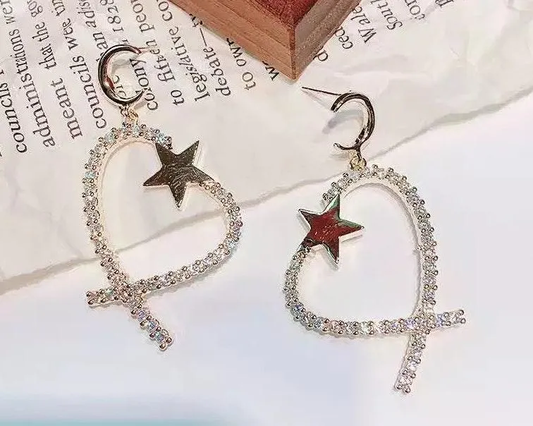 Crystal Heart Star Moon Stud Drop Earring Gold - Image 3