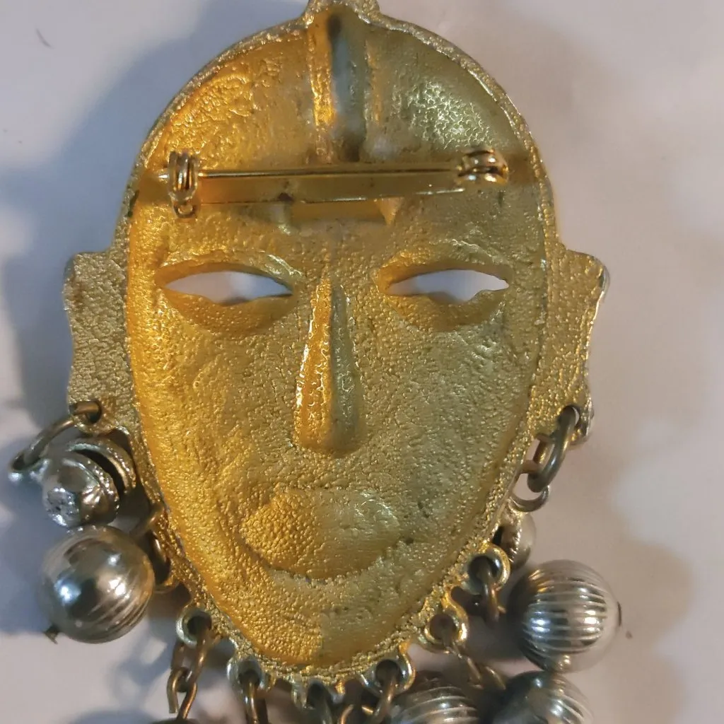 Large Tribal Mask Brooch Pin Mayan Aztec African Vintage Dangling Silver Balls Gold - Image 2