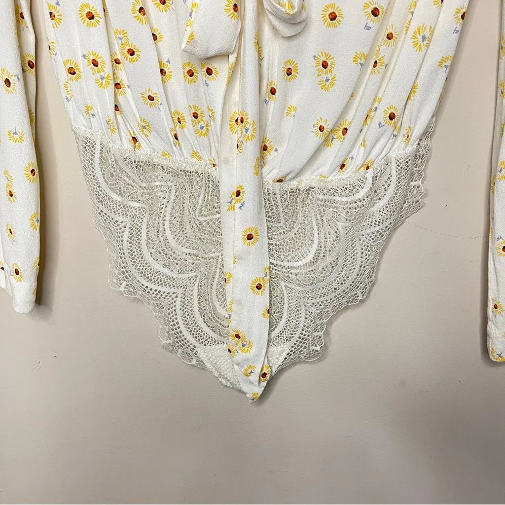 FREE PEOPLE Sunflower Flare Sleeve Tie Front Lace Bodysuit, Medium - Image 6