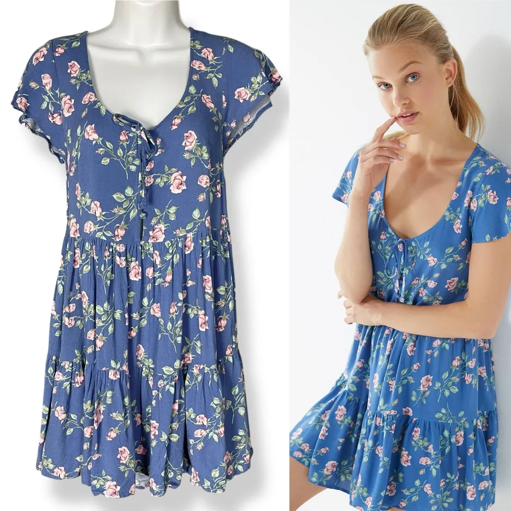 Urban Outfitters Babydoll Dress Floral Mini Button-Up Top Tiered‎ Skirt Feminine - Image 2