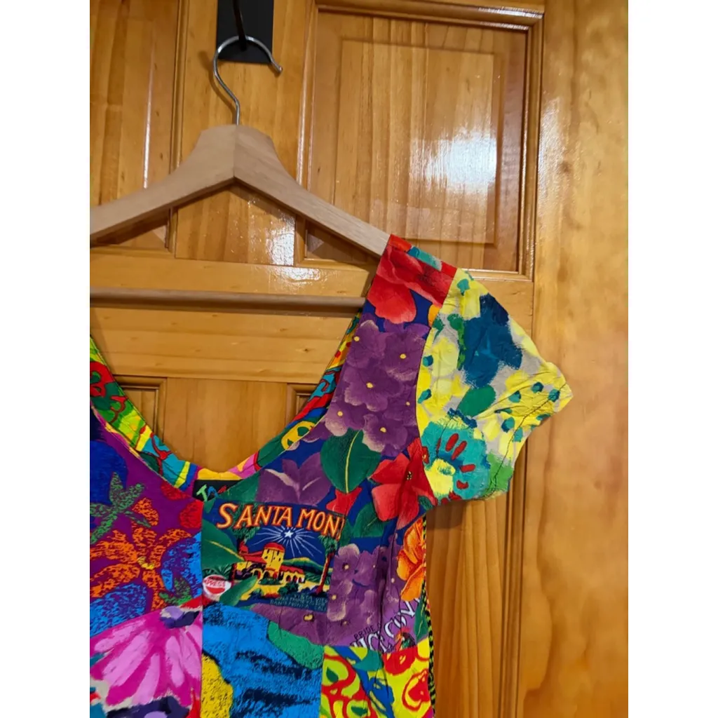 Vintage James World Patchwork Mini Dress Santa Monica Graphic Floral Womens Larg - Image 2