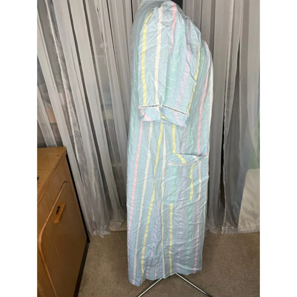 striped house dress duster vintage cotton pastel blue pink yellow Size 2X - Image 7