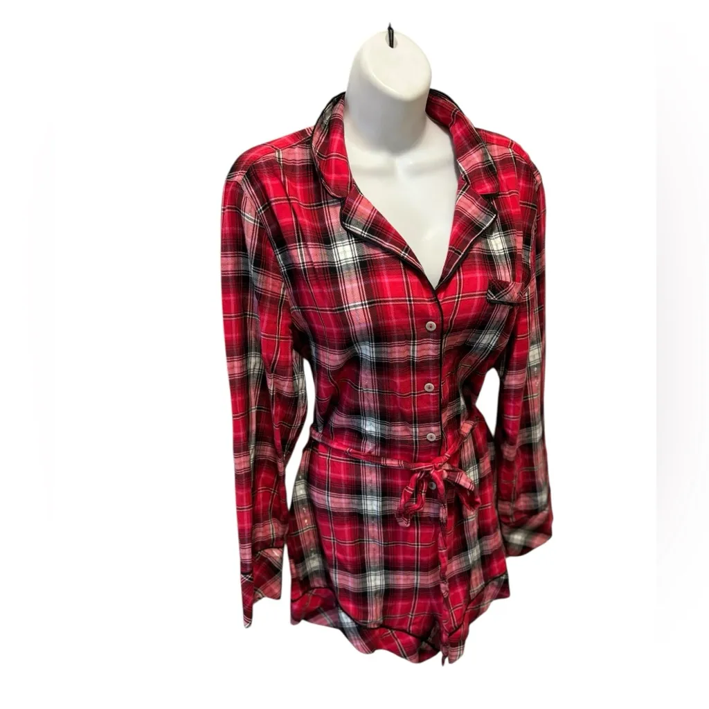 Victoria’s Secret Plaid Flannel Romper Sleepwear M Red Belted Button Up Preppy - Image 2