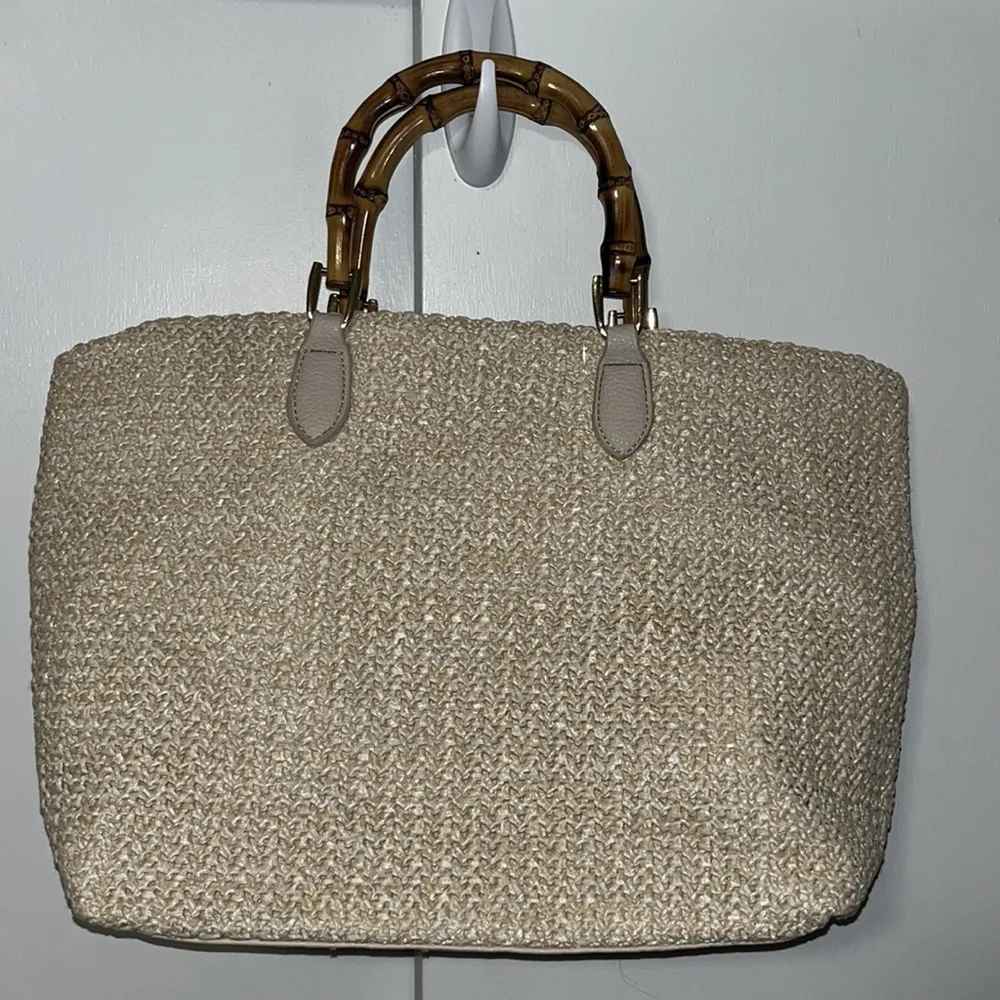 Isla Tote Bag Vegan Straw & Bamboo Handles Ivory Cream Purse Crossbody - Image 5