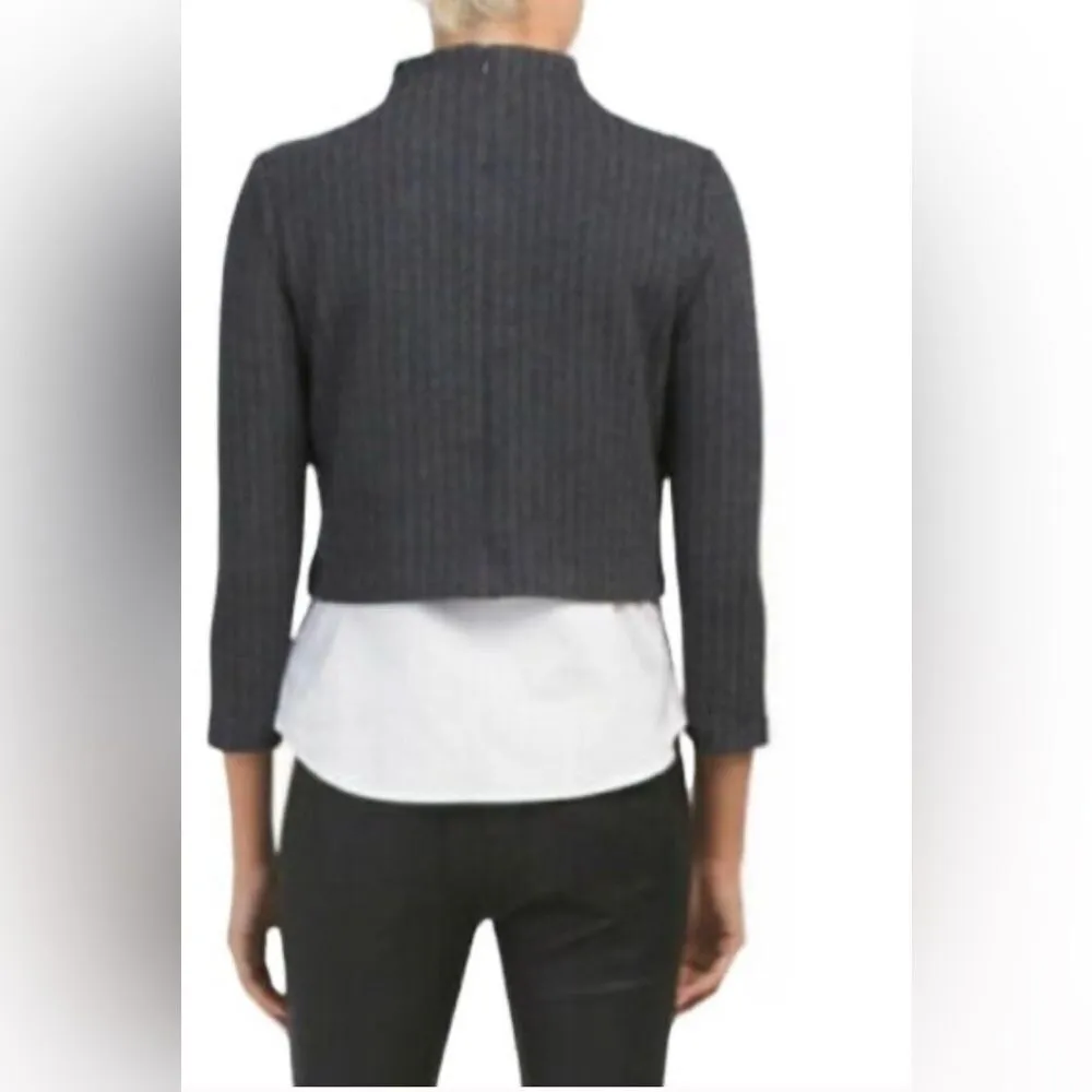 Theory Melbourne Gracila Gray Pinstripe Long Sleeve Mock Neck Wool Blend Top L - Image 3