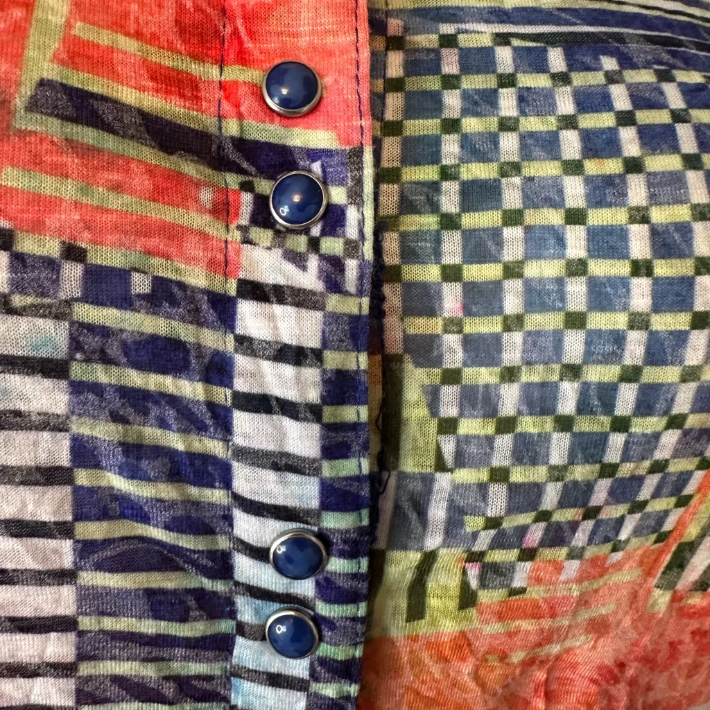 Carine Patchwork Print Gem Button Down Top Small EUC Blue - Image 3