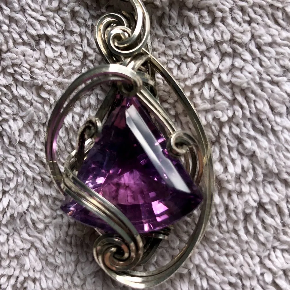 Artisan Wire Wrapped Sterling Silver Amethyst Medallion Pendant Custom Made Purple - Image 7