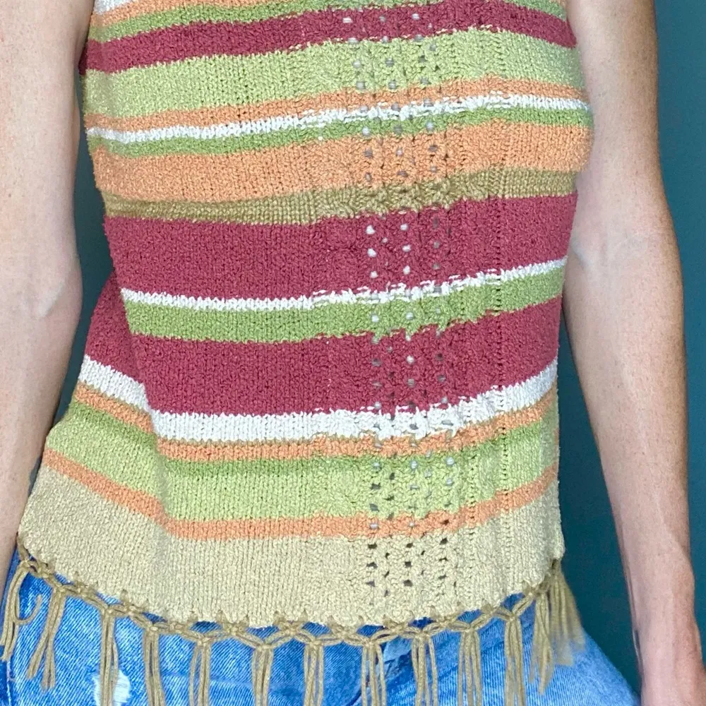Vintage  Crochet Stripe Bohemian Silk Fringe Tank Top - Image 2