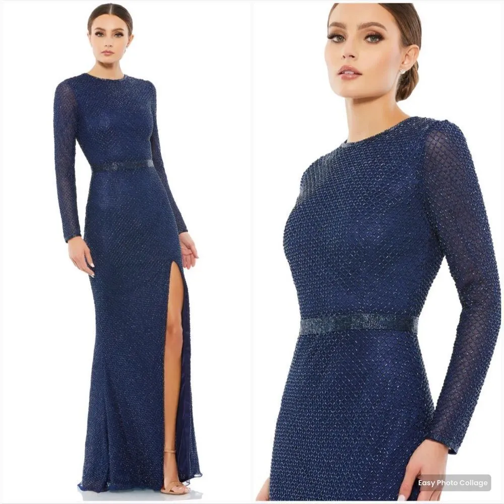 Mac Duggal 5056 Womens Blue BEADED HIGH NECK LONG SLEEVE GOWN WITH DETAILED BELT - Image 2