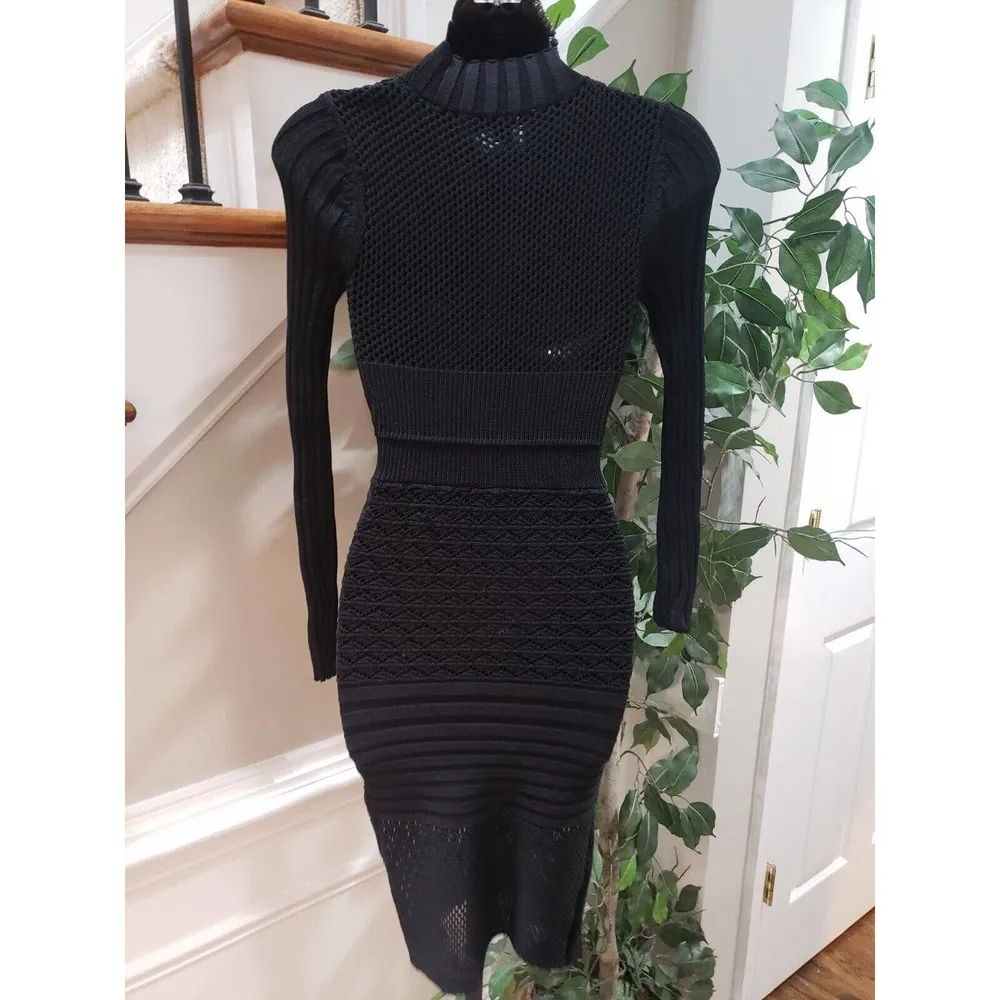 Hera Womens Black Eyelet Rayon Long Sleeve Mock Neck Knee Length Dress Small - Image 5