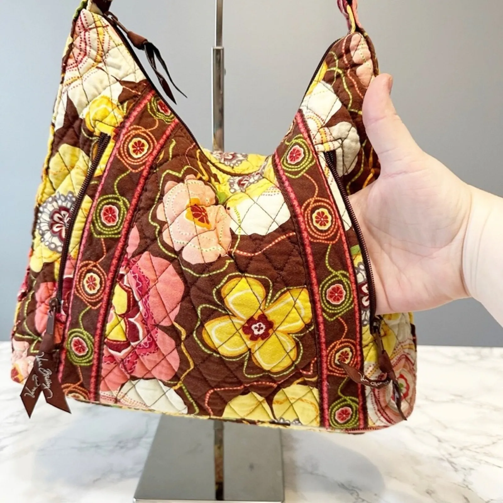 Vera Bradley Floral Quilted Shoulder Hobo Boho Hippie Brown Pink Women's Handbag - Image 4
