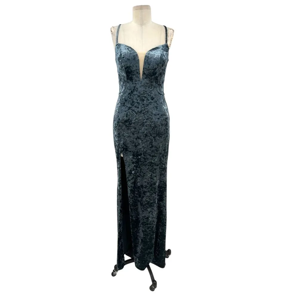 La Femme 25659 Strappy Plunging Velvet‎ Slit Dress Gown Blue Size 6 - Image 3
