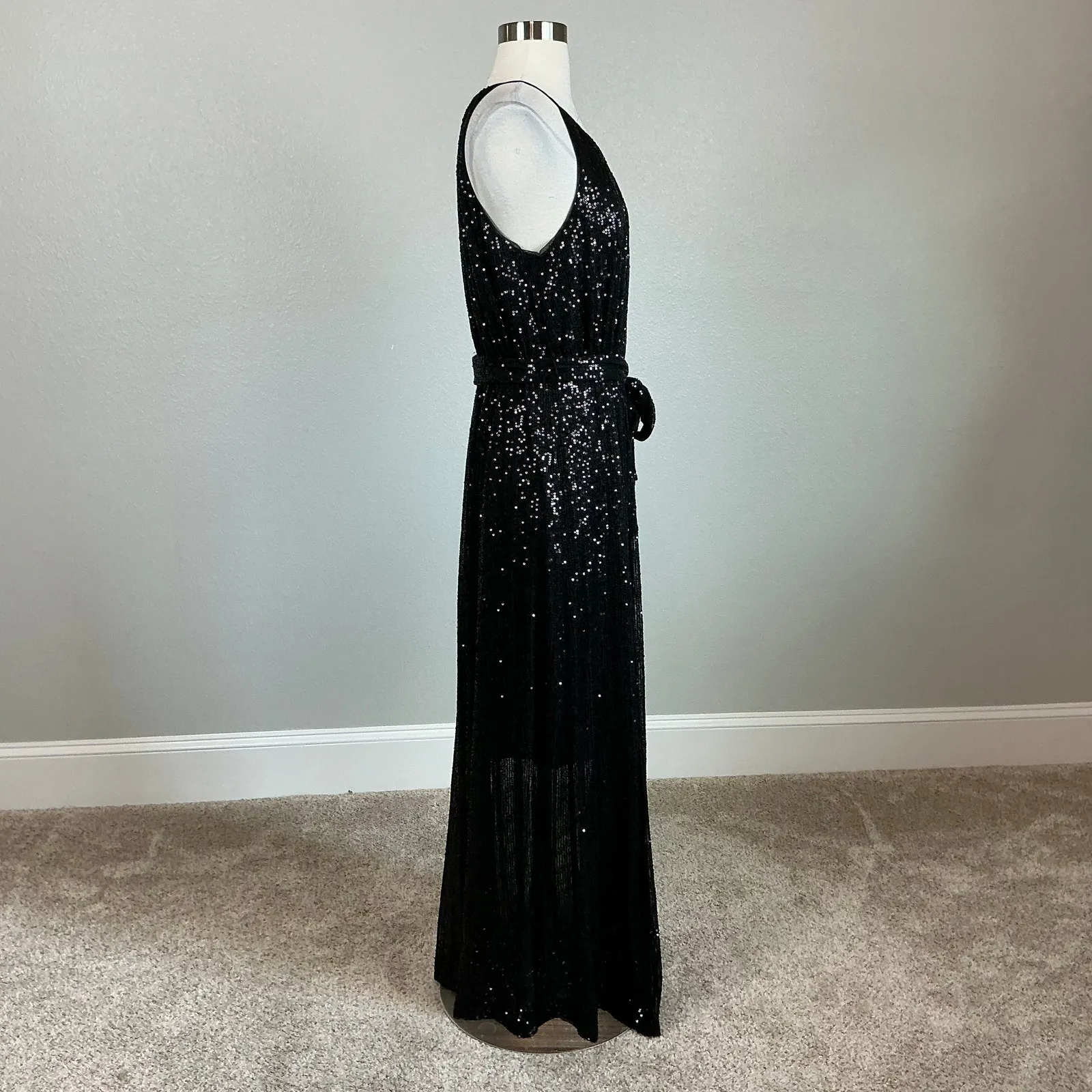 DKNY Sequin Sleeveless Halter Maxi Dress Size 8 Sparkly Black Long Formal Dress - Image 3